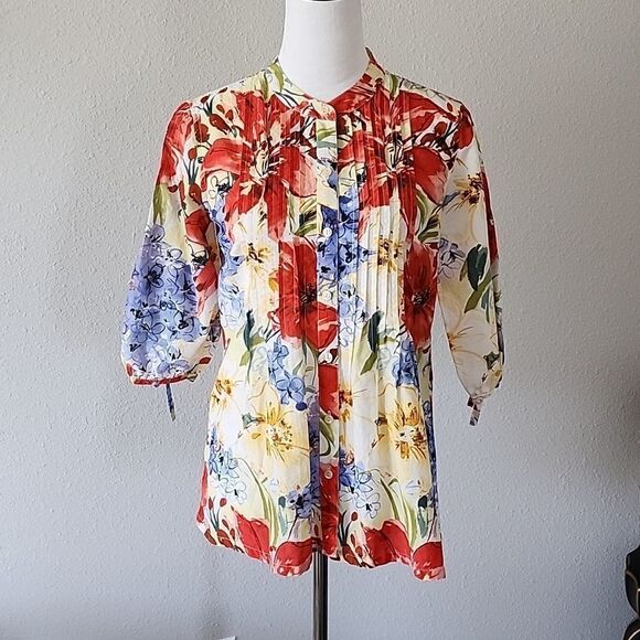 Tommy Bahama Floral 3/4 Long Sleeve Silk Cotton Blend Blouse - Picture 1 of 16